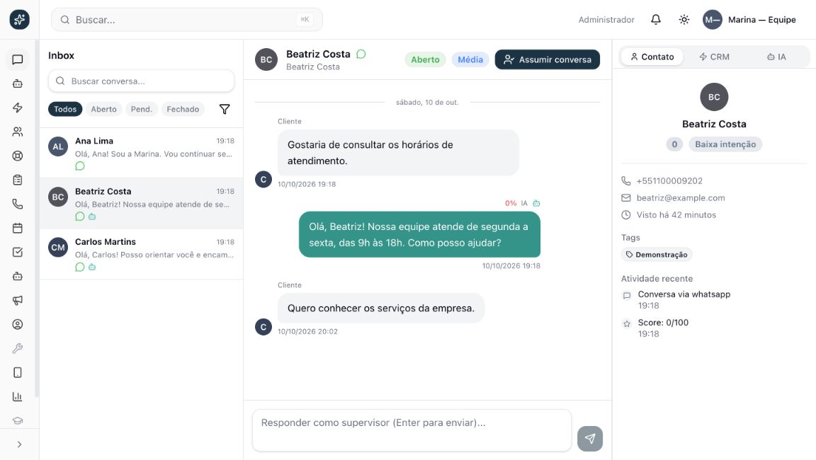 Demonstração do ChatCRM no tema claro: mensagem recebida, resposta da IA e conversa assumida pela equipe.
